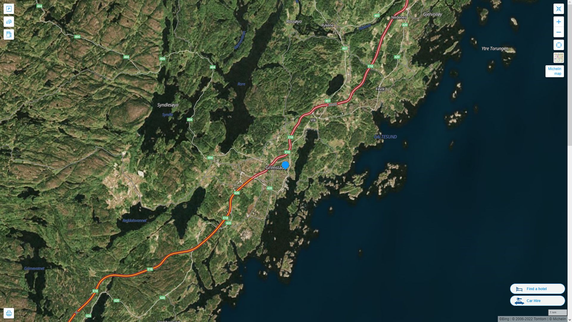 Grimstad Highway and Road Map with Satellite View